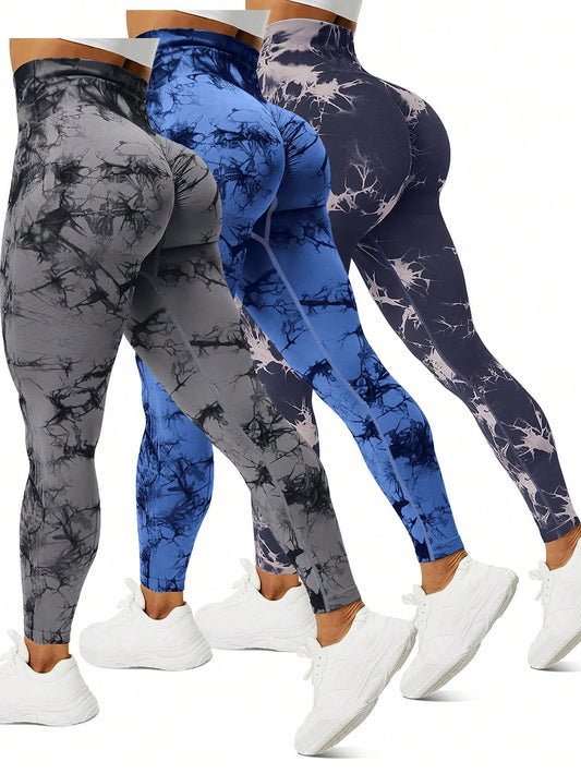 Yoga Trendy 3pcs Seamless Tie Dye High Waist Sports Leggings