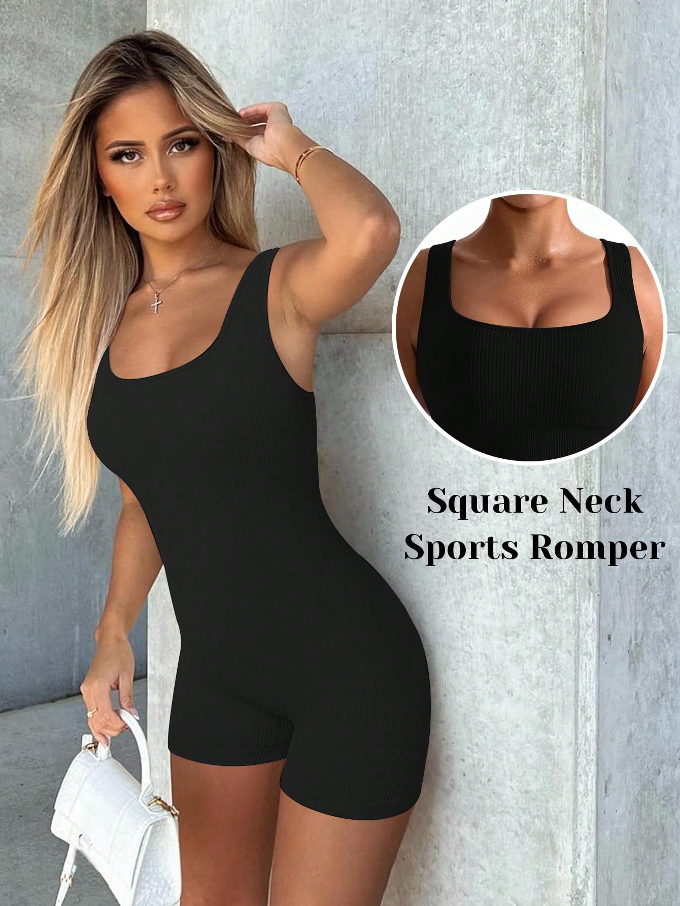 Women Sports Romper Square Neck Tummy Control Ribbed Seamless Yoga Workout Jumpsuit Shorts