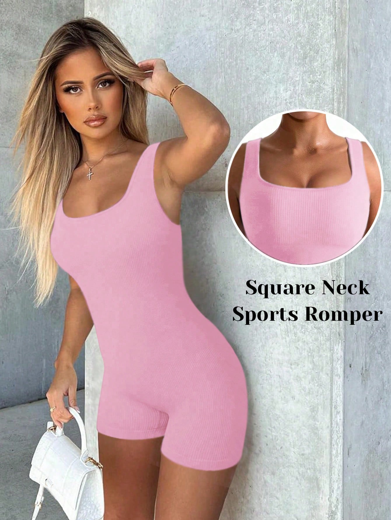 Women Sports Romper Square Neck Tummy Control Ribbed Seamless Yoga Workout Jumpsuit Shorts