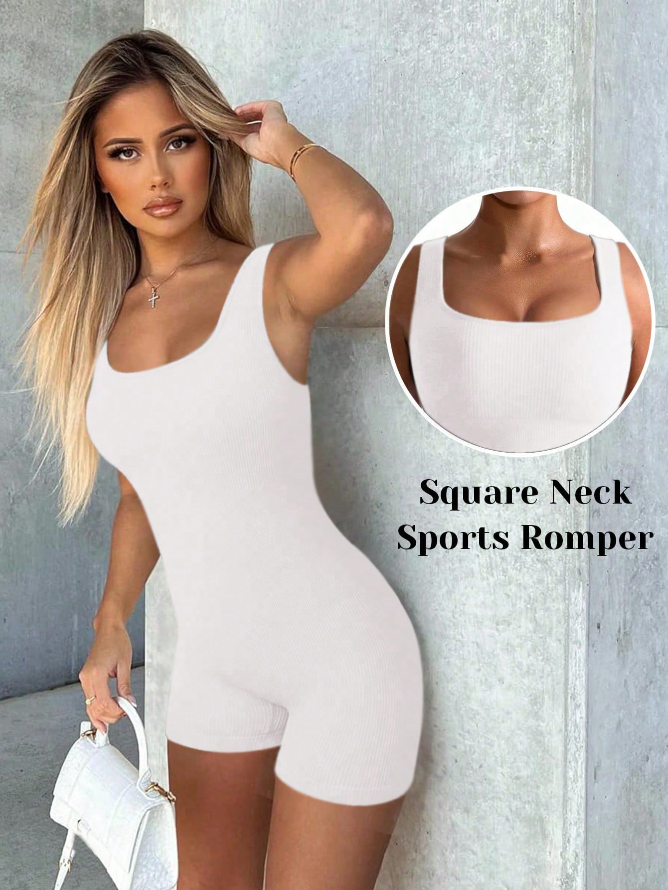 Women Sports Romper Square Neck Tummy Control Ribbed Seamless Yoga Workout Jumpsuit Shorts