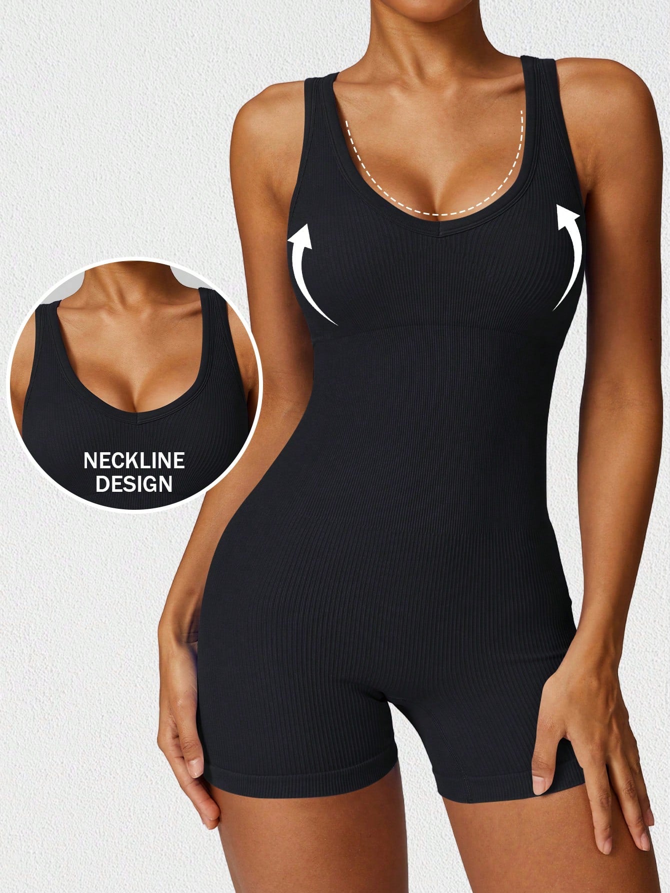 Women Sports Romper Square Neck Tummy Control Ribbed Seamless Yoga Workout Jumpsuit Shorts