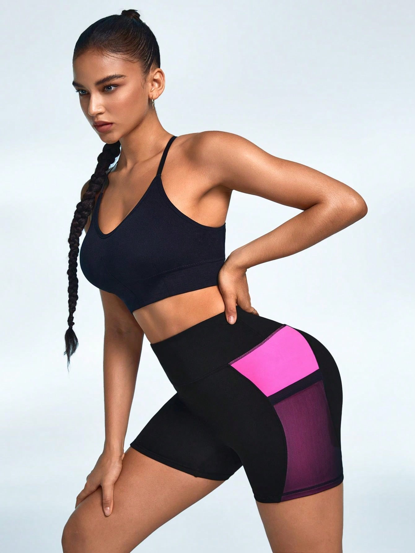 Women's Sexy Mesh Stitching Fitness Curve Yoga Shorts With Pockets