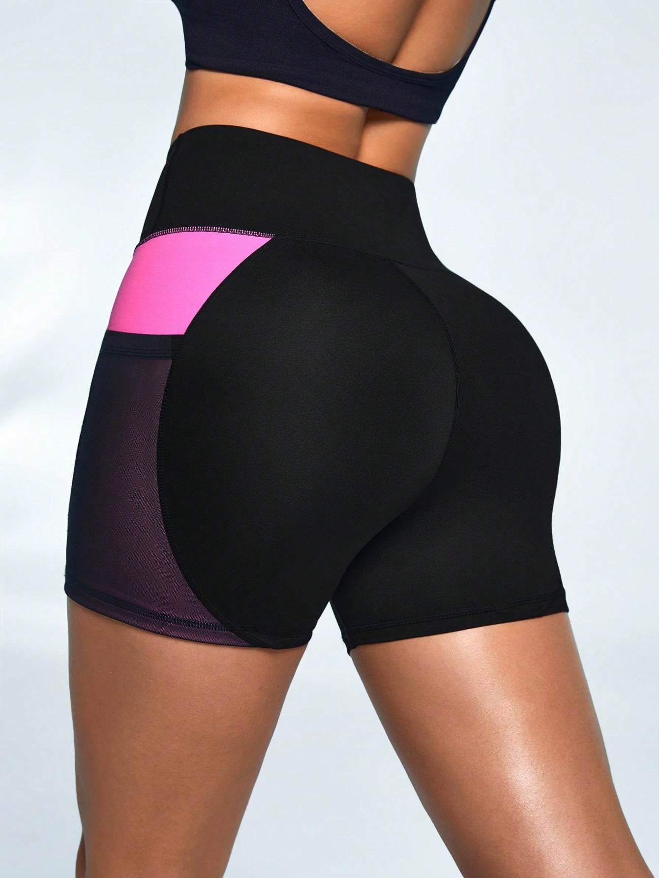 Women's Sexy Mesh Stitching Fitness Curve Yoga Shorts With Pockets