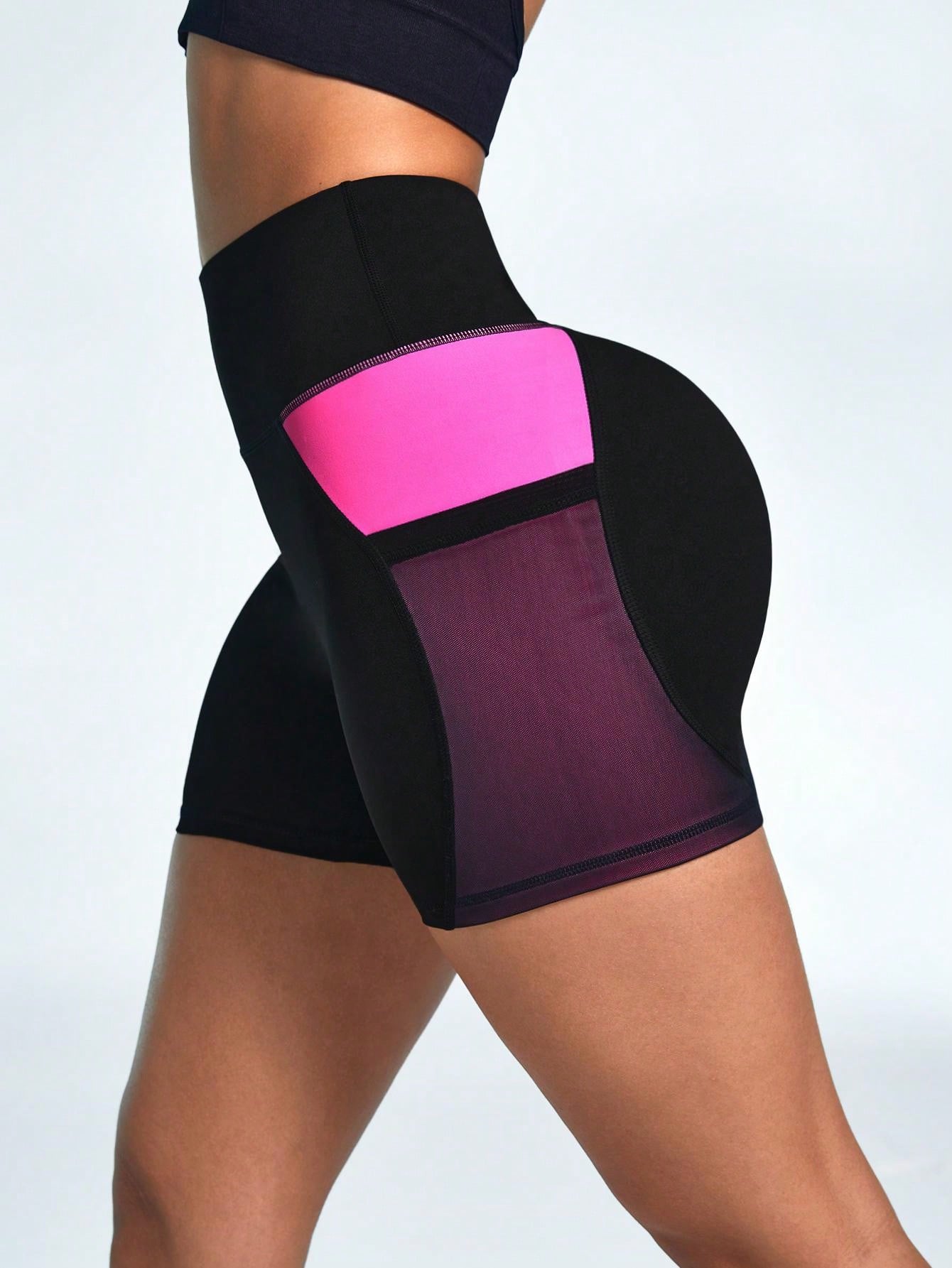 Women's Sexy Mesh Stitching Fitness Curve Yoga Shorts With Pockets