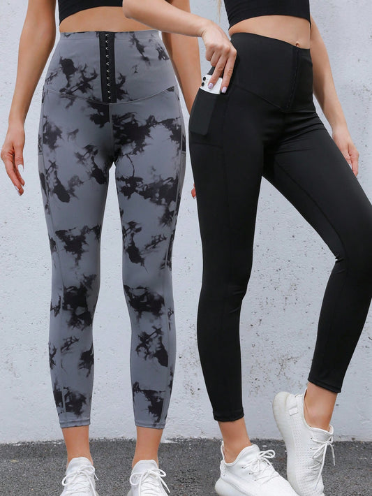 2pcs Pocket Tie-Dye Digital Print Women's Yoga Pants, High Waisted, Drawstring Tights For Running, Cycling, Casual