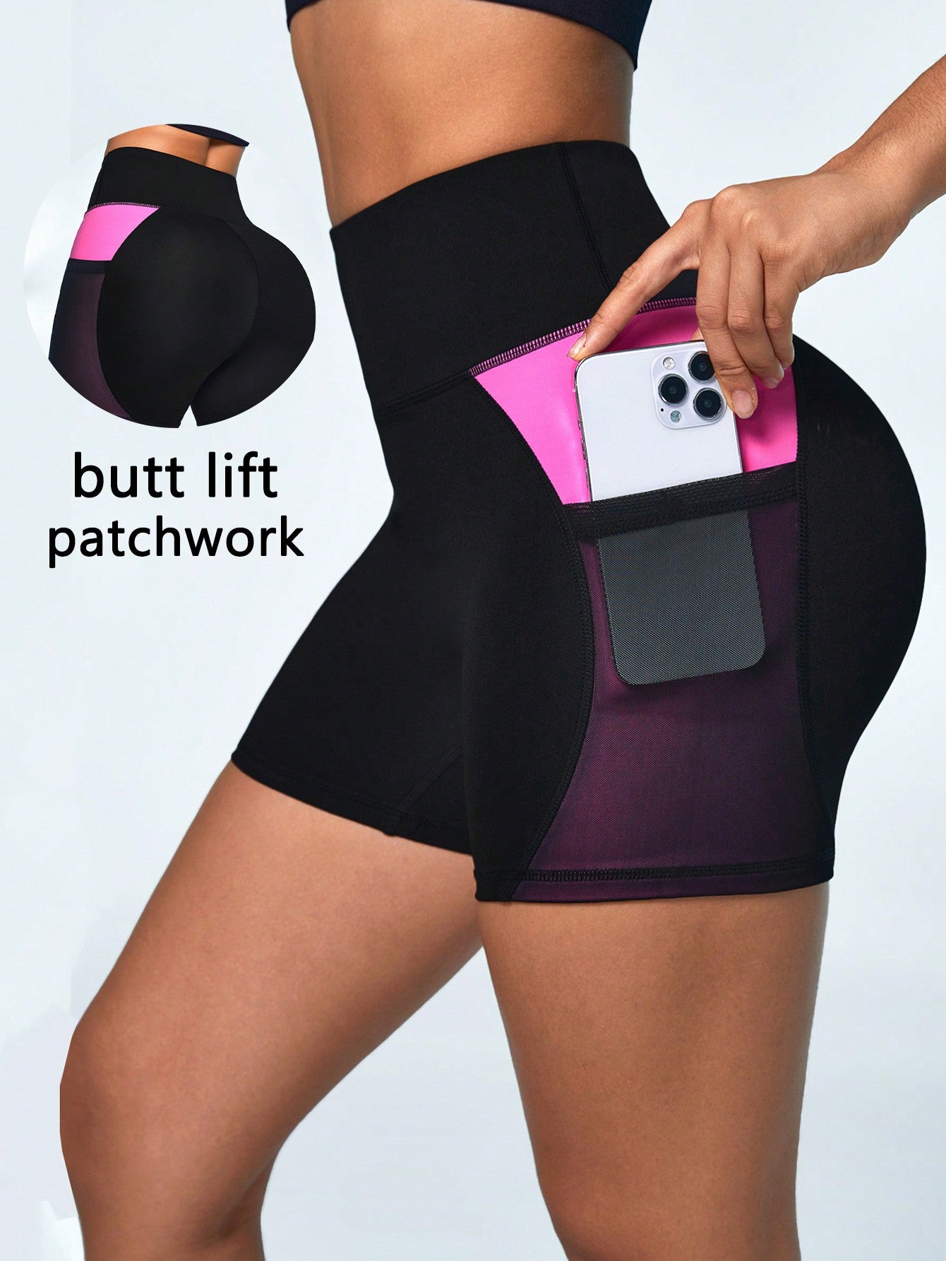 Women's Sexy Mesh Stitching Fitness Curve Yoga Shorts With Pockets