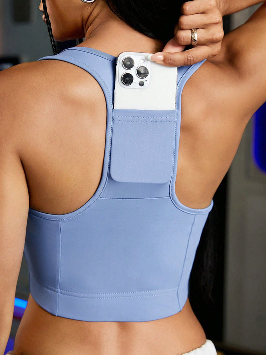 Solid Color Sports Vest With Back Phone Pocket And Front Zipper