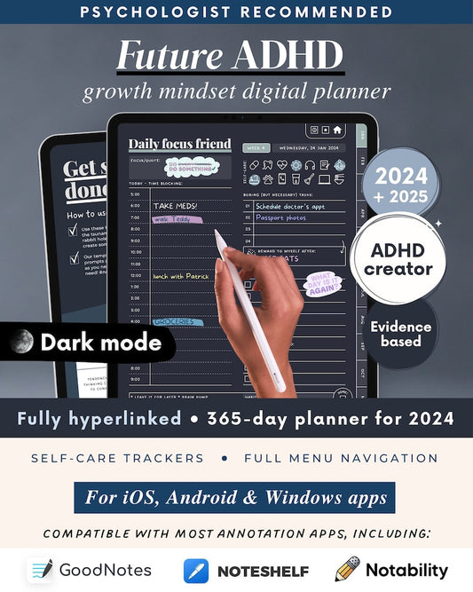 ADHD Digital Planner (made by an ADHDer) for iPad, Goodnotes + Android. Adult ADD daily planner, self care & habit tracker. Science based